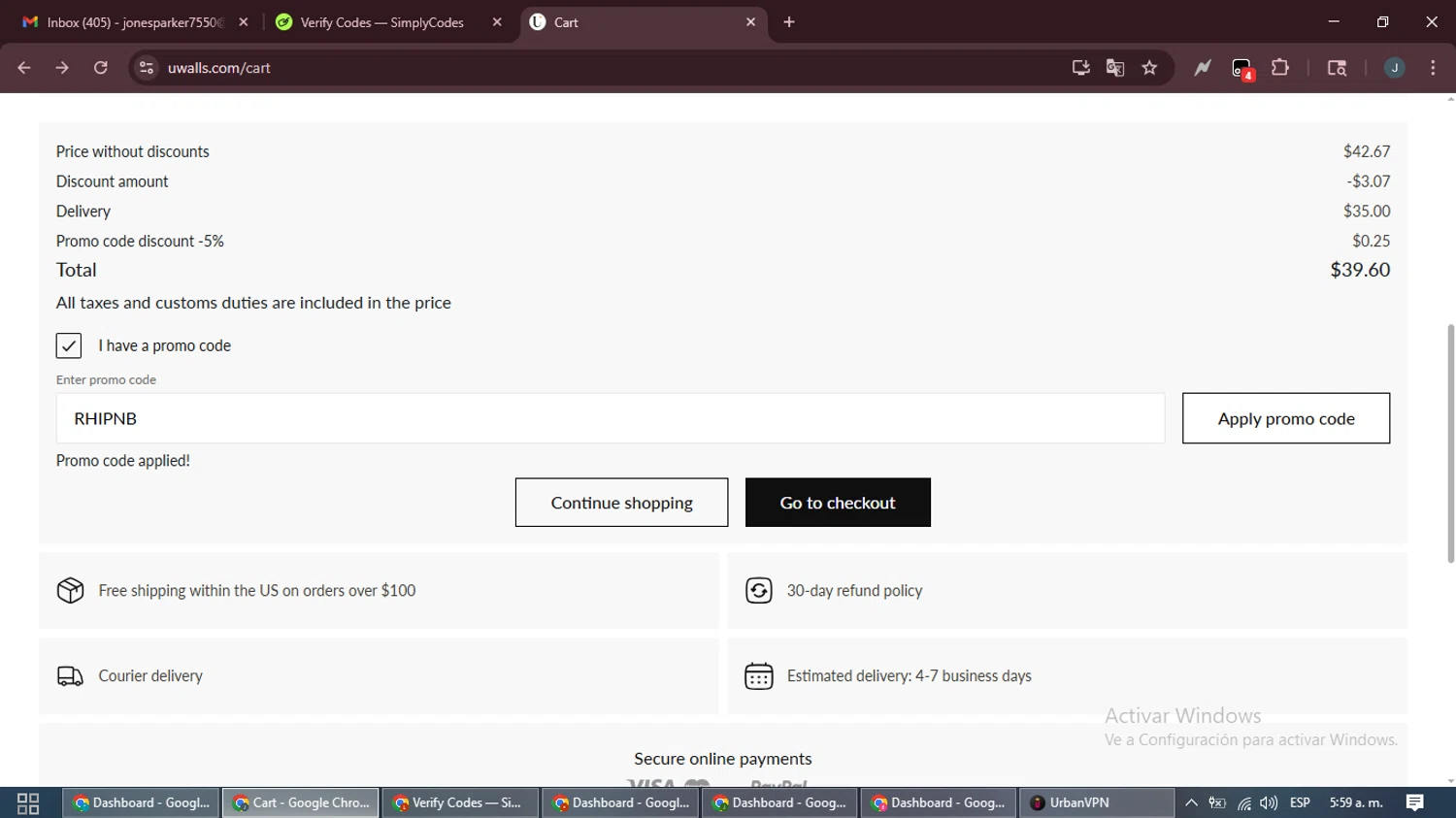 Uwalls promo code screenshot showing code RHIPNB applied at Uwalls checkout page. Uploaded by SimplyCodes community member ScanLynx8928 on Nov 2, 2025