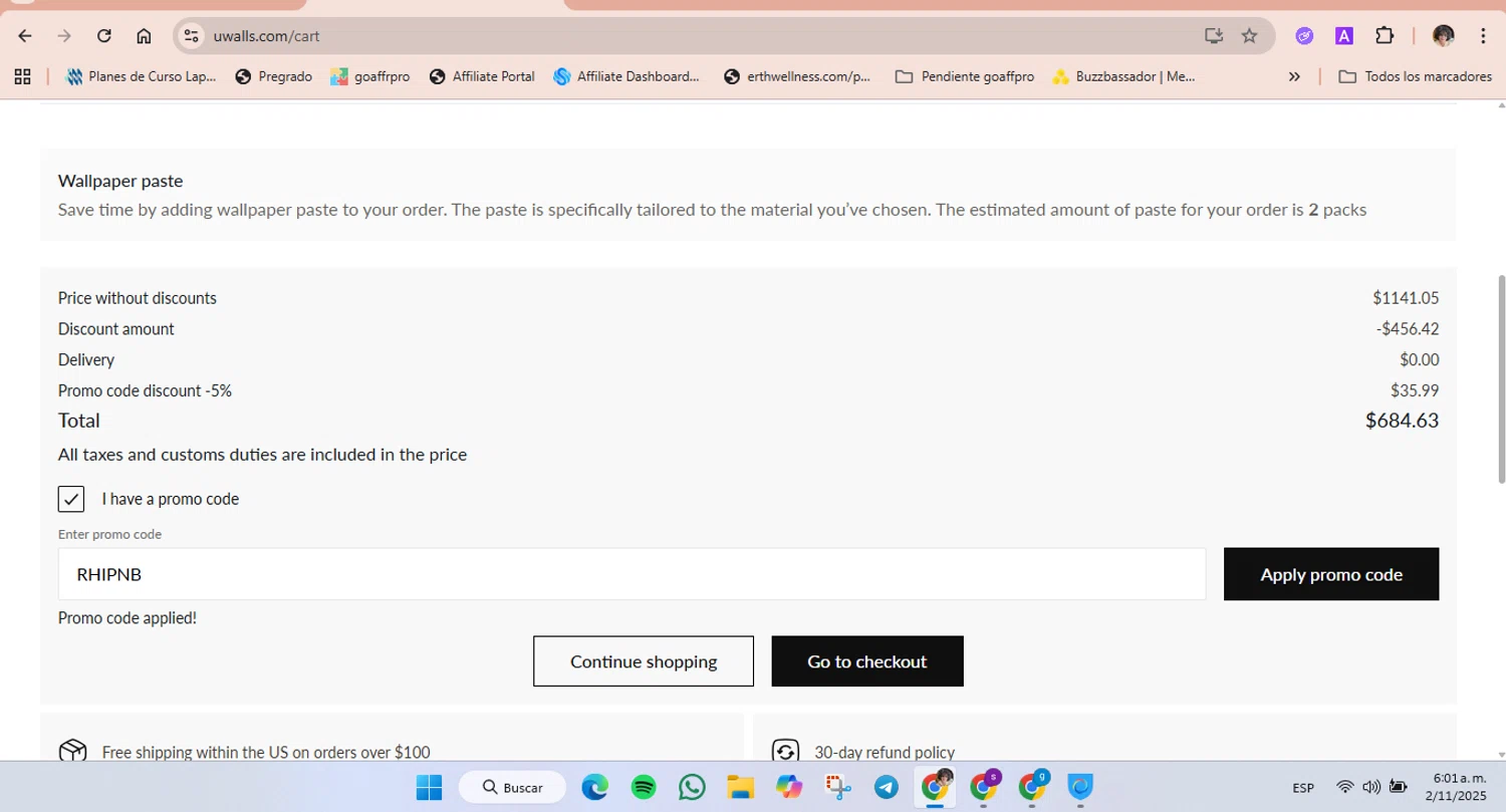 Uwalls promo code screenshot showing code RHIPNB applied at Uwalls checkout page. Uploaded by SimplyCodes community member luisaballera on Nov 2, 2025