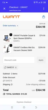 SAVE15 coupon verification screenshot