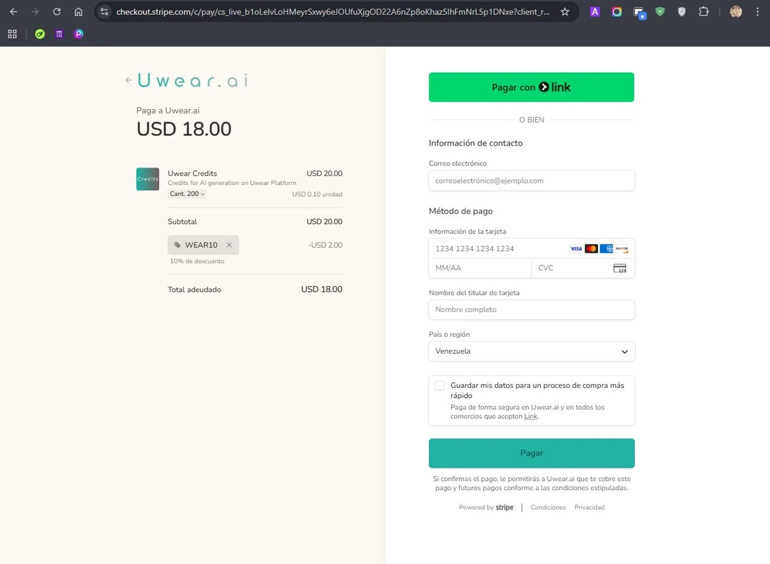 Uwear.ai promo code screenshot showing code WEAR10 applied at Uwear.ai checkout page. Uploaded by SimplyCodes community member ROCKSORD_2 on Feb 18, 2026