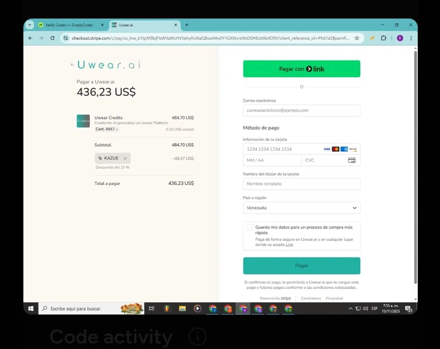 Uwear.ai promo code screenshot showing code KAZUE applied at Uwear.ai checkout page. Uploaded by SimplyCodes community member CrownLion2750 on Dec 14, 2025