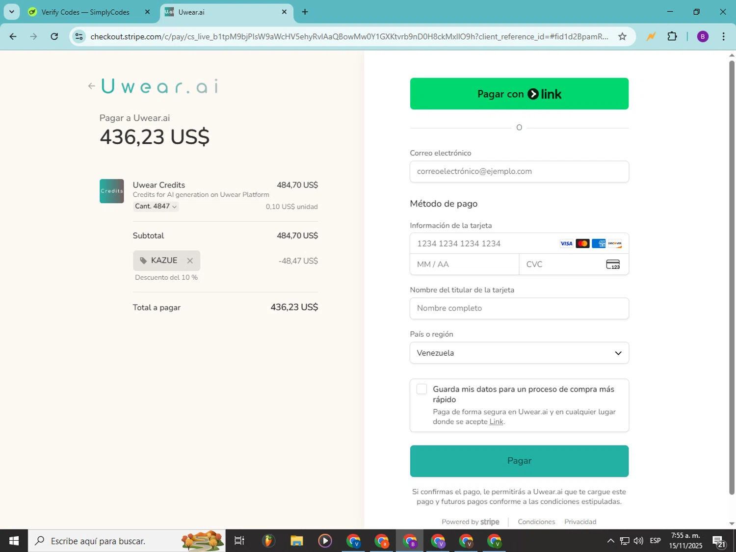 Uwear.ai promo code screenshot showing code KAZUE applied at Uwear.ai checkout page. Uploaded by SimplyCodes community member Soyvictor on Nov 15, 2025