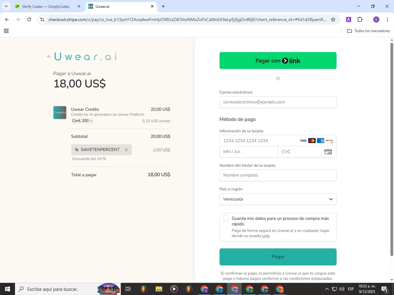 Uwear.ai promo code screenshot showing code SAVETENPERCENT applied at Uwear.ai checkout page. Uploaded by SimplyCodes community member Gianpiero on Dec 9, 2025