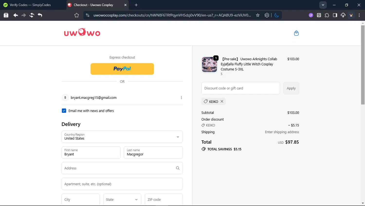 UWOWO Cosplay promo code screenshot showing code KEIKO applied at UWOWO Cosplay checkout page. Uploaded by SimplyCodes community member Userr2 on Jan 31, 2026