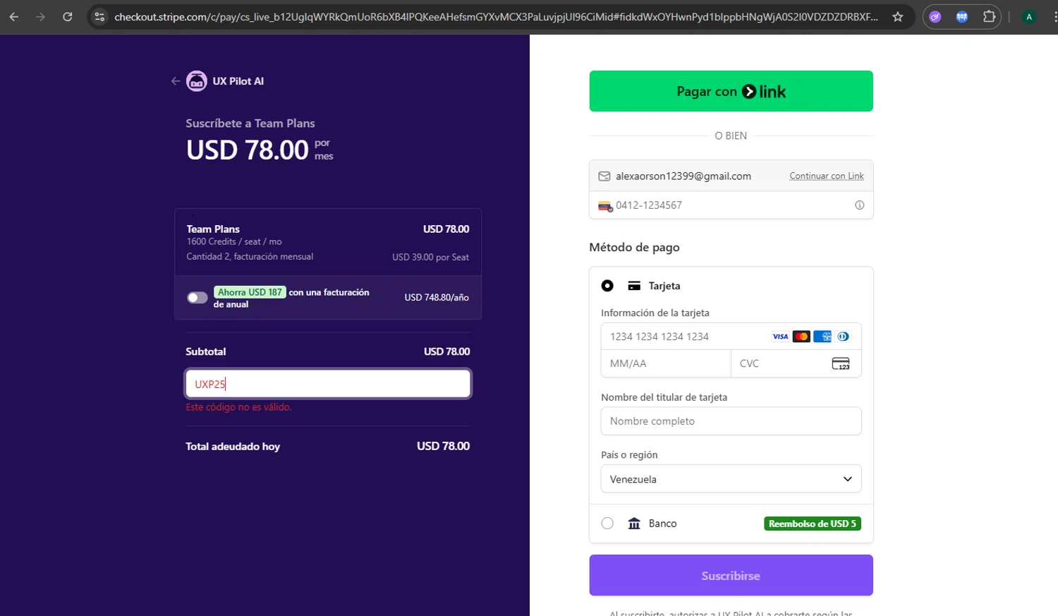UX Pilot AI promo code screenshot showing code UXP25 applied at UX Pilot AI checkout page. Uploaded by SimplyCodes community member CoinGuardian4017 on Nov 24, 2025
