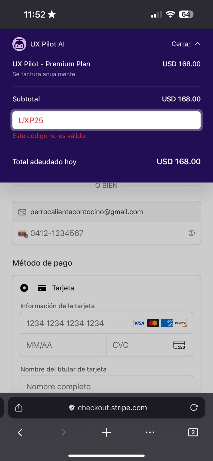 UX Pilot AI promo code screenshot showing code UXP25 applied at UX Pilot AI checkout page. Uploaded by SimplyCodes community member DiscountSleuth2229 on Nov 24, 2025