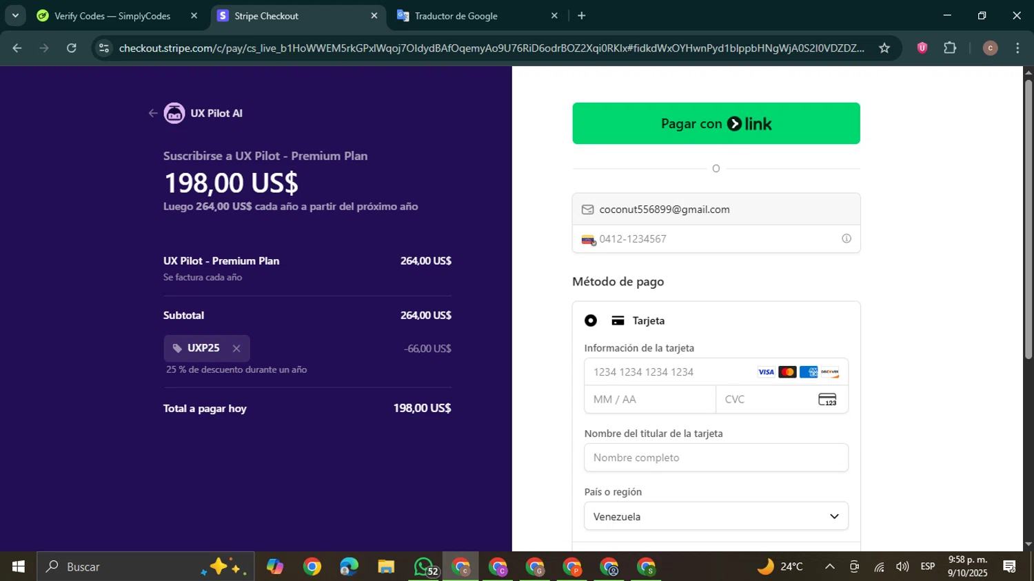 UX Pilot AI promo code screenshot showing code UXP25 applied at UX Pilot AI checkout page. Uploaded by SimplyCodes community member NobleExpert6497 on Oct 10, 2025