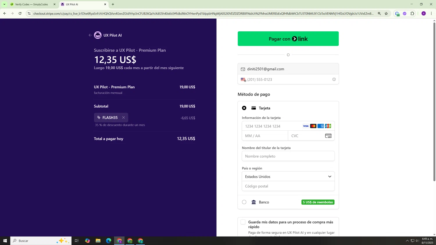 UX Pilot AI checkout page showing UX Pilot AI promo code box | Screenshot taken by SimplyCodes community member on Nov 8, 2025