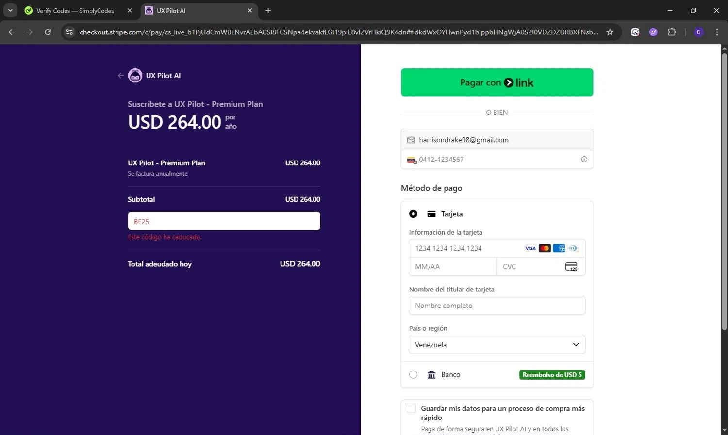 UX Pilot AI promo code screenshot showing code BF25 applied at UX Pilot AI checkout page. Uploaded by SimplyCodes community member Obito6245825041527 on Dec 21, 2025