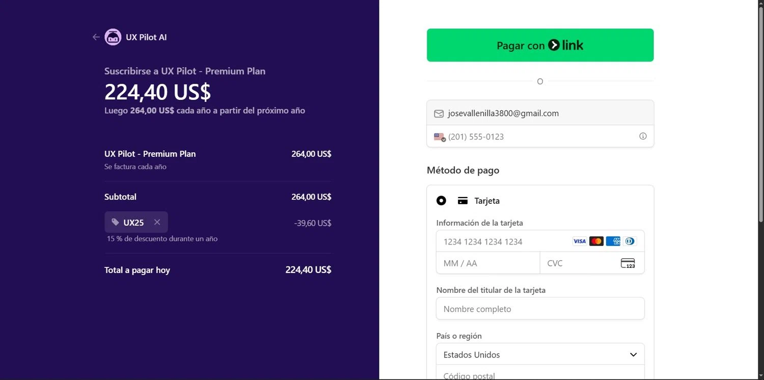 UX Pilot AI promo code screenshot showing code UX25 applied at UX Pilot AI checkout page. Uploaded by SimplyCodes community member Depressive on Dec 16, 2025