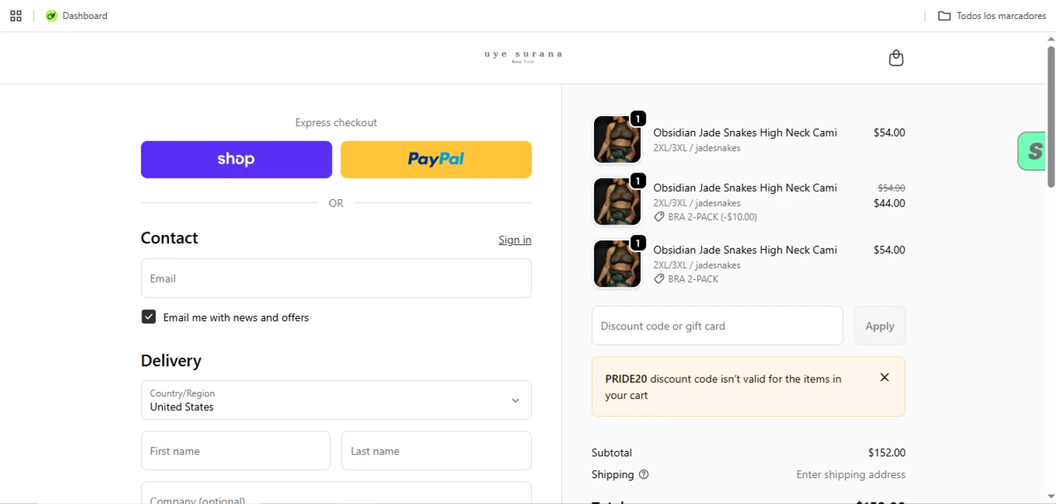 Uye Surana Lingerie promo code screenshot showing code PRIDE20 applied at Uye Surana Lingerie checkout page. Uploaded by SimplyCodes community member Speedy on Jun 4, 2026