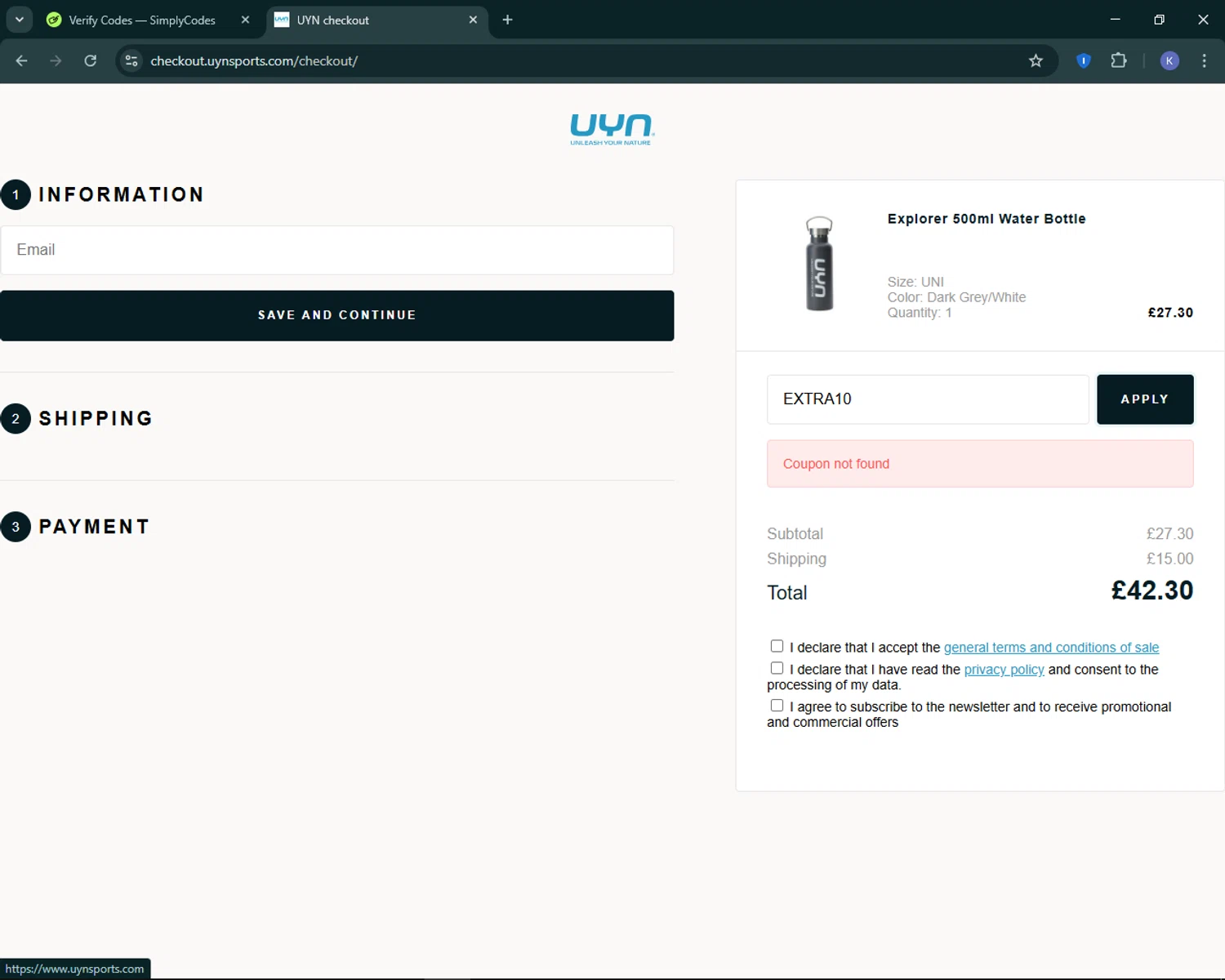 UYN coupon code screenshot showing code EXTRA10 applied at UYN checkout page. Uploaded by SimplyCodes community member KevLapage on Apr 20, 2025