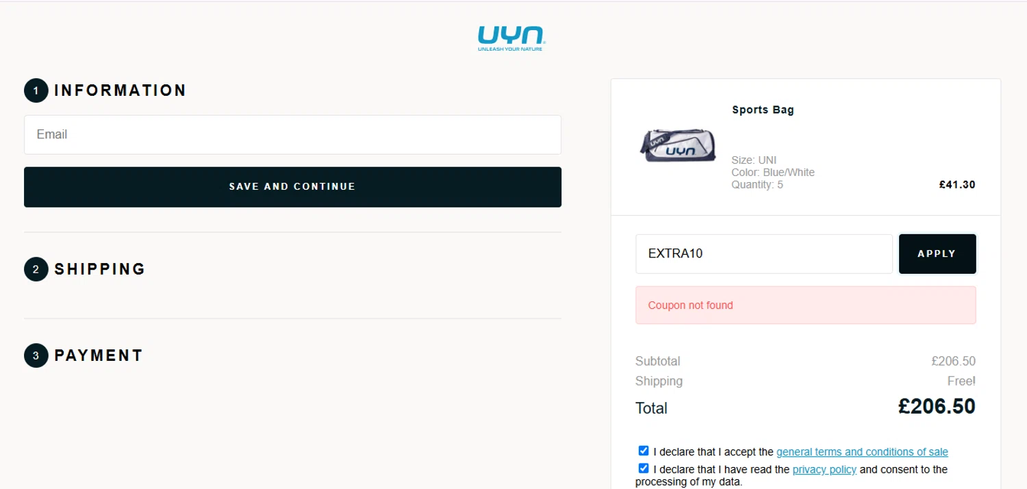UYN coupon code screenshot showing code EXTRA10 applied at UYN checkout page. Uploaded by SimplyCodes community member Sebastiangil on Apr 20, 2025