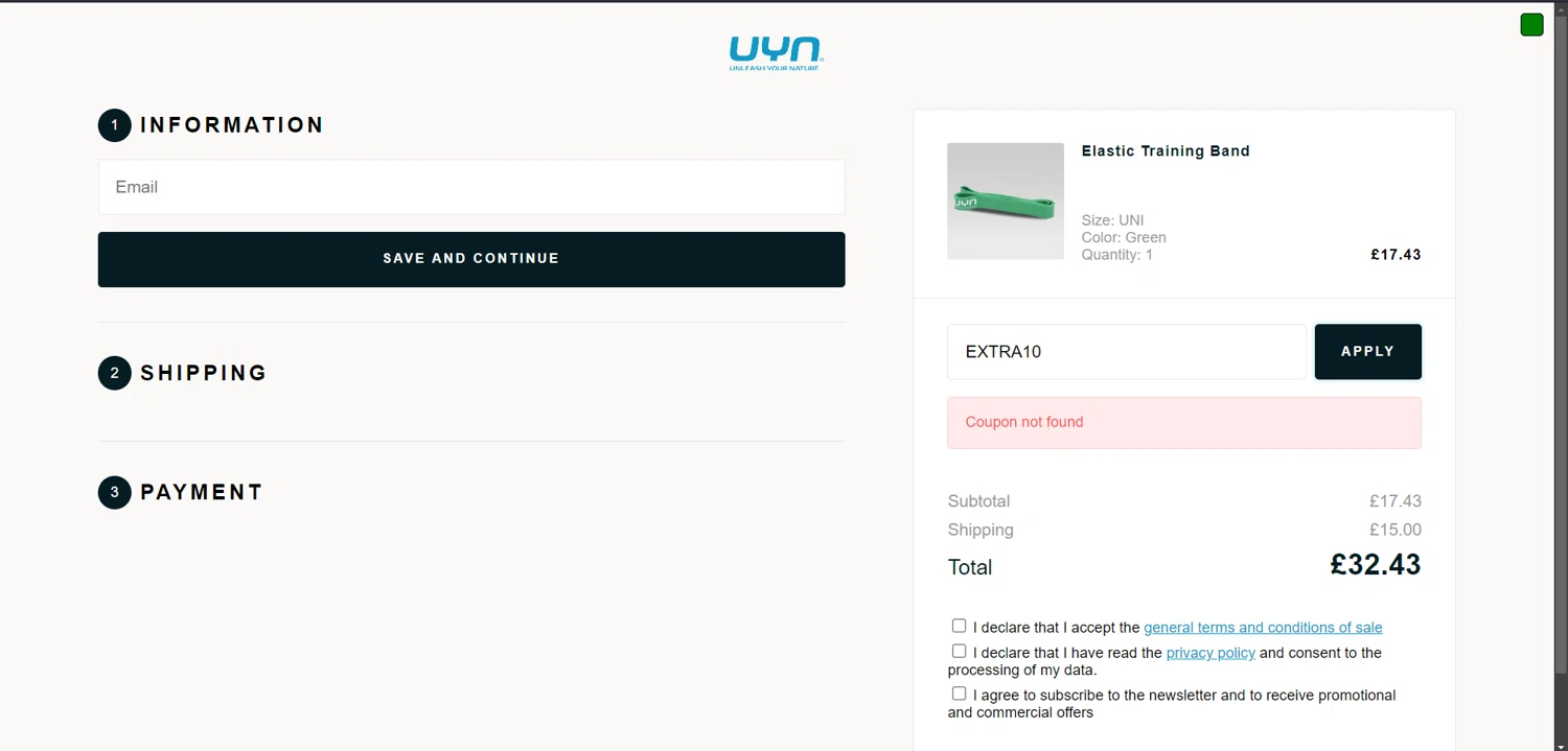UYN coupon code screenshot showing code EXTRA10 applied at UYN checkout page. Uploaded by SimplyCodes community member fiadaz on Apr 20, 2025