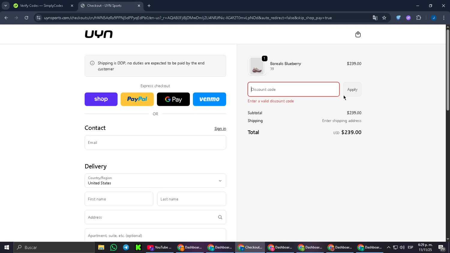 UYN coupon code screenshot showing code UYNNER10 applied at UYN checkout page. Uploaded by SimplyCodes community member RebateCaptain6440 on Nov 11, 2025