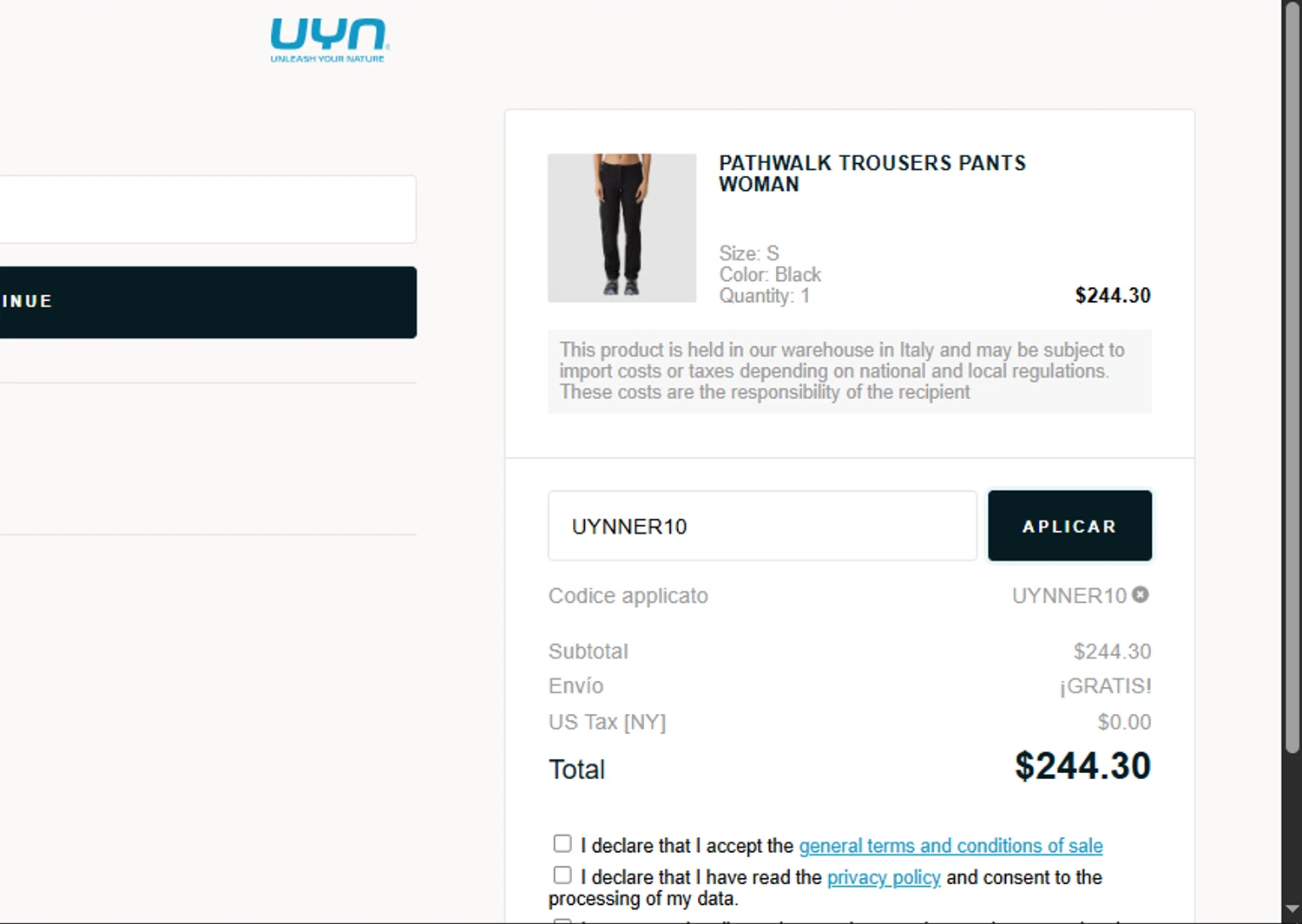 UYN checkout page showing UYN coupon code box | Screenshot taken by SimplyCodes community member on Aug 16, 2025