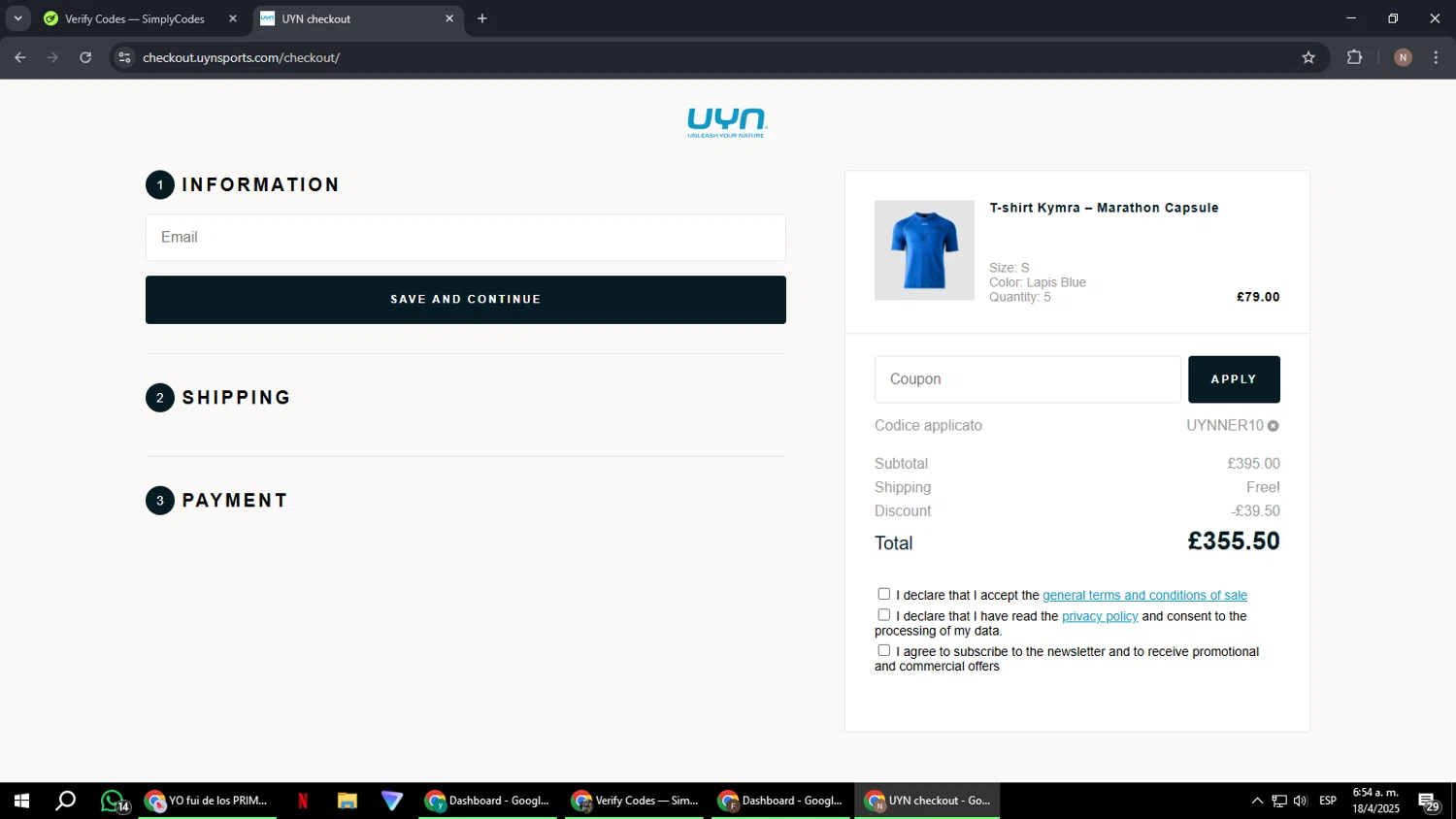 UYN checkout page showing UYN coupon code box | Screenshot taken by SimplyCodes community member on Apr 18, 2025