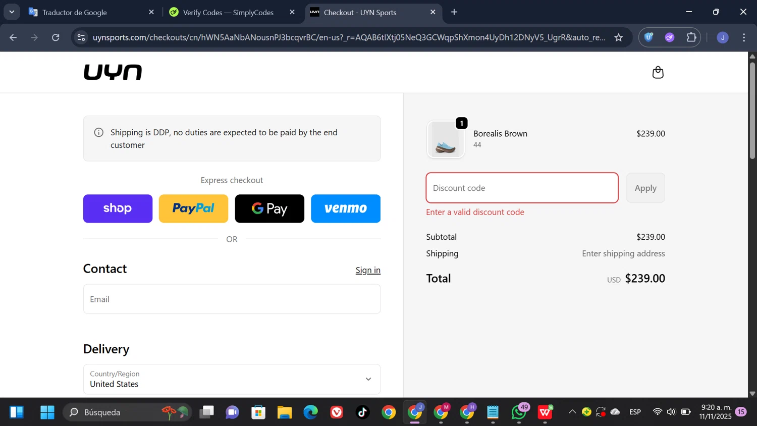 UYN coupon code screenshot showing code UYNNER10 applied at UYN checkout page. Uploaded by SimplyCodes community member thesoldier on Nov 11, 2025