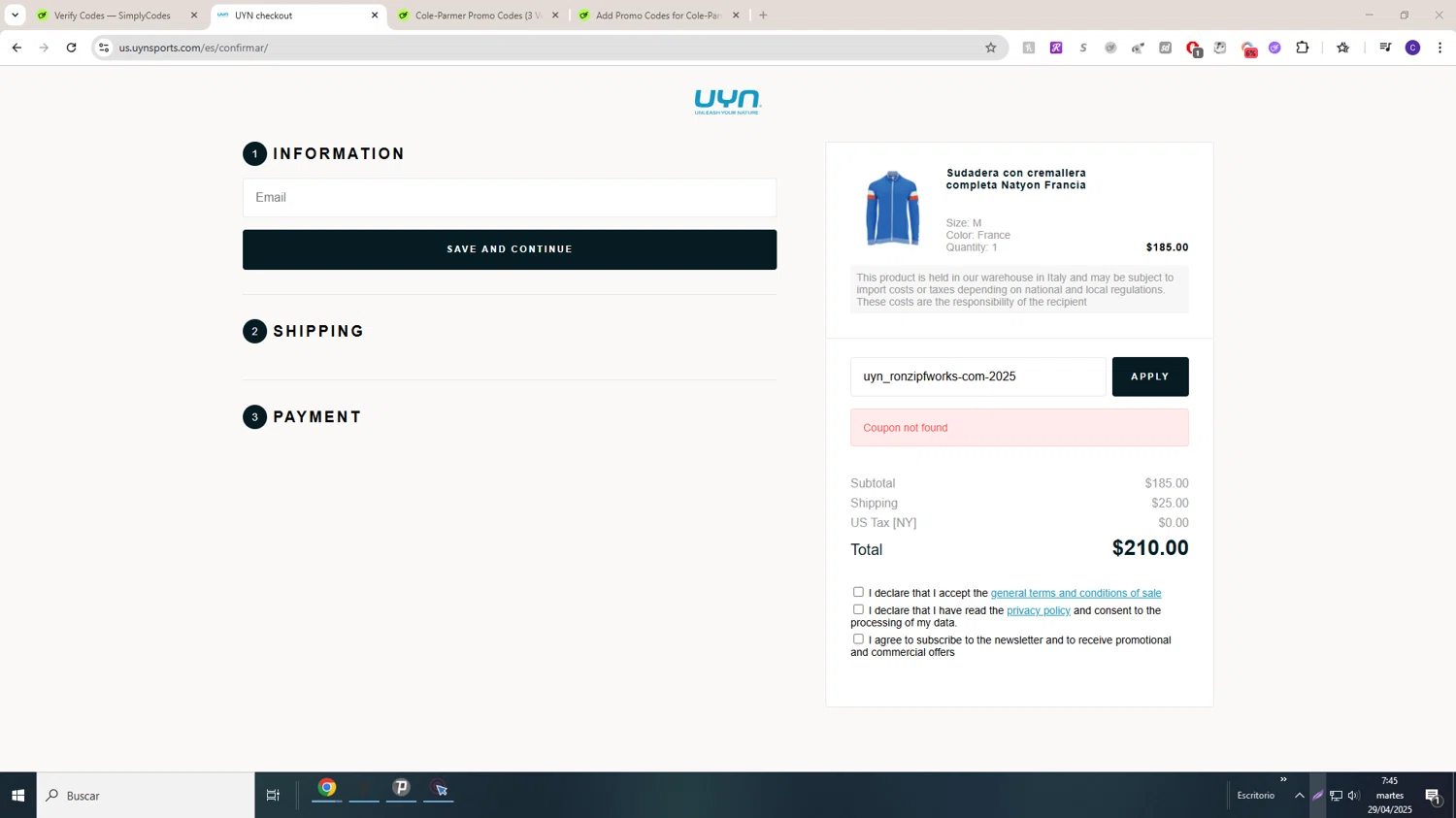 UYN coupon code screenshot showing code uyn_ronzipfworks-com-2025 applied at UYN checkout page. Uploaded by SimplyCodes community member LAGUGU on Apr 29, 2025