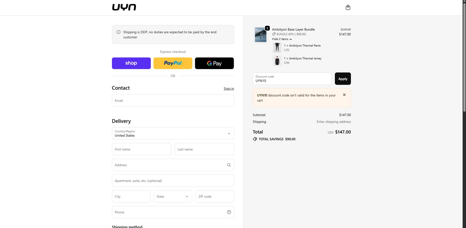 UYN coupon code screenshot showing code UYN10 applied at UYN checkout page. Uploaded by SimplyCodes community member RewardMaven959 on Nov 16, 2025