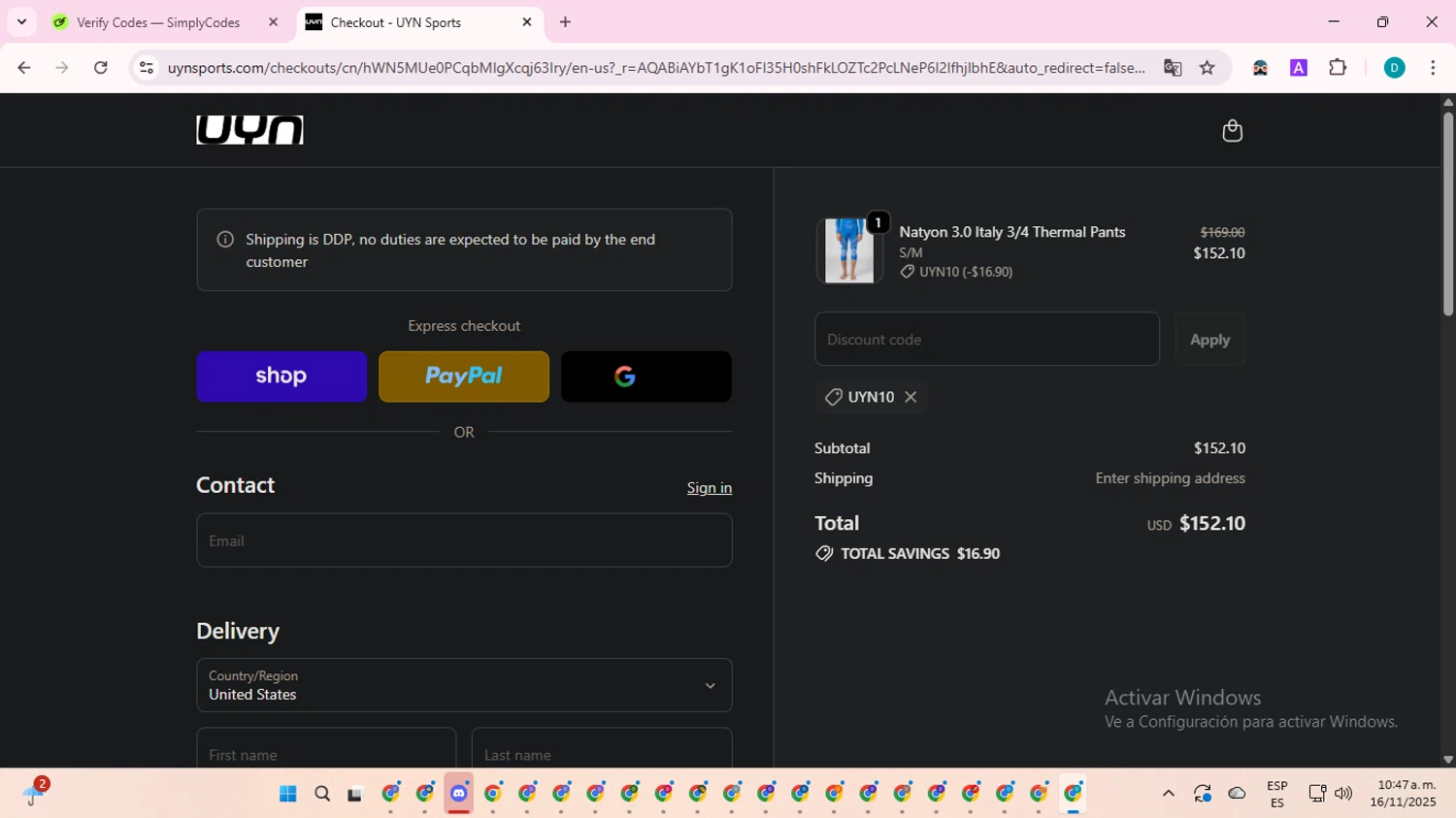 UYN coupon code screenshot showing code UYN10 applied at UYN checkout page. Uploaded by SimplyCodes community member ShrewdTracker5871 on Nov 16, 2025