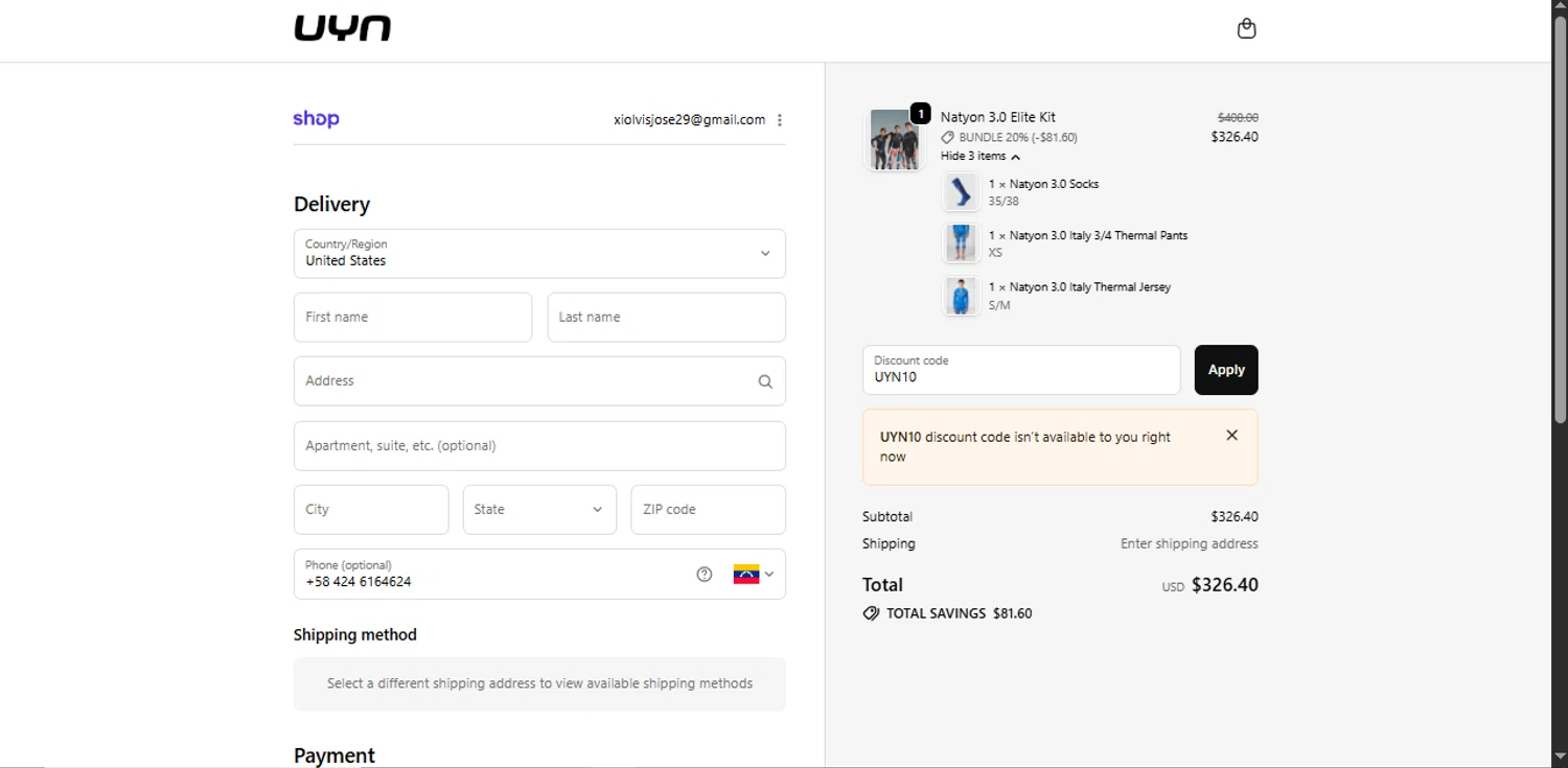 UYN coupon code screenshot showing code UYN10 applied at UYN checkout page. Uploaded by SimplyCodes community member Xiooh29 on Dec 15, 2025