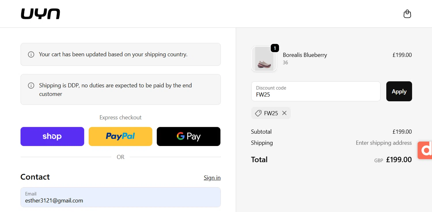 UYN coupon code screenshot showing code FW25 applied at UYN checkout page. Uploaded by SimplyCodes community member ESTHER3121 on Oct 10, 2025