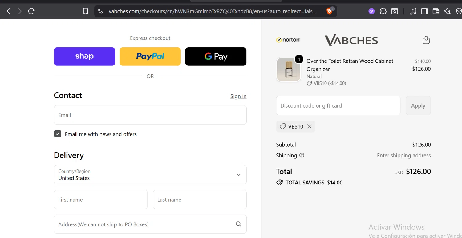Vabches discount code screenshot showing code VBS10 applied at Vabches checkout page. Uploaded by SimplyCodes community member GloriousTitan3094 on Oct 5, 2025