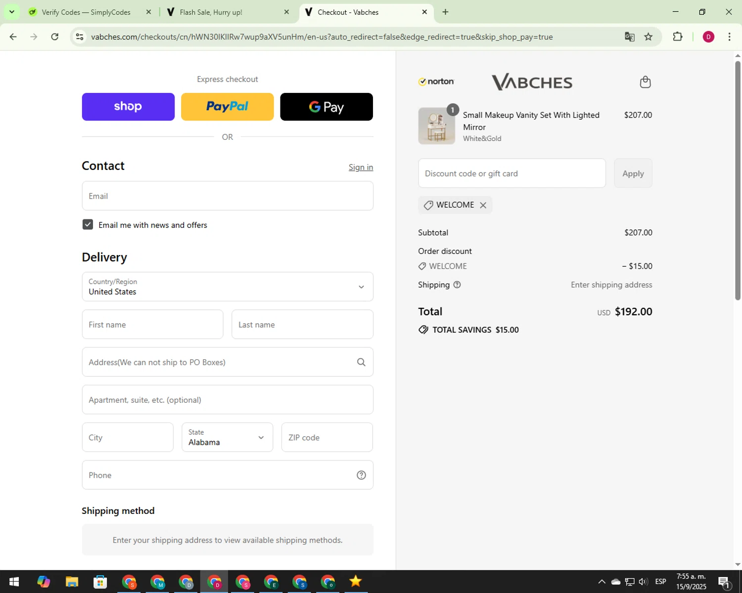 Vabches discount code screenshot showing code WELCOME applied at Vabches checkout page. Uploaded by SimplyCodes community member 000012 on Sep 15, 2025