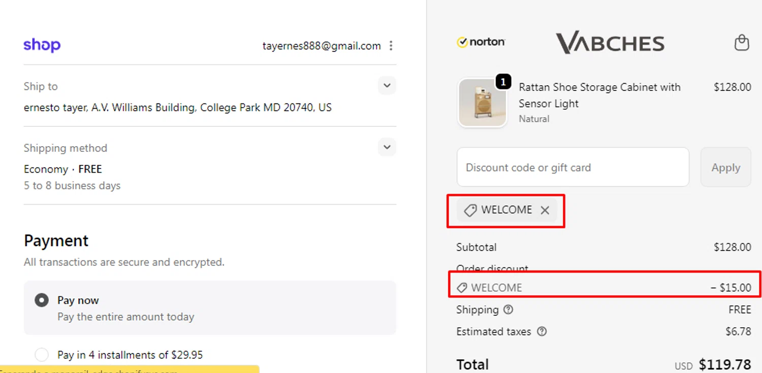 Vabches discount code screenshot showing code WELCOME applied at Vabches checkout page. Uploaded by SimplyCodes community member Braun007 on Oct 5, 2025