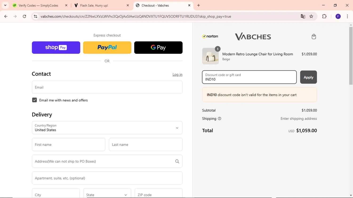 Vabches discount code screenshot showing code IND10 applied at Vabches checkout page. Uploaded by SimplyCodes community member MightyCaptain635 on Mar 10, 2025