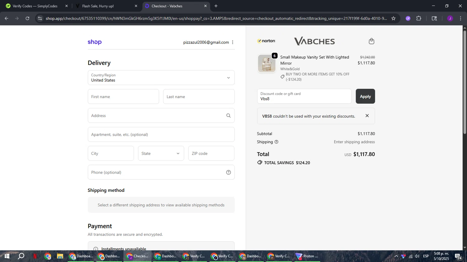 Vabches discount code screenshot showing code Vbs8 applied at Vabches checkout page. Uploaded by SimplyCodes community member ComeBurra123 on Oct 5, 2025