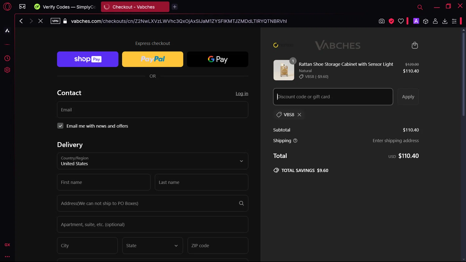 Vabches discount code screenshot showing code Vbs8 applied at Vabches checkout page. Uploaded by SimplyCodes community member comidaparallevar on Apr 16, 2025
