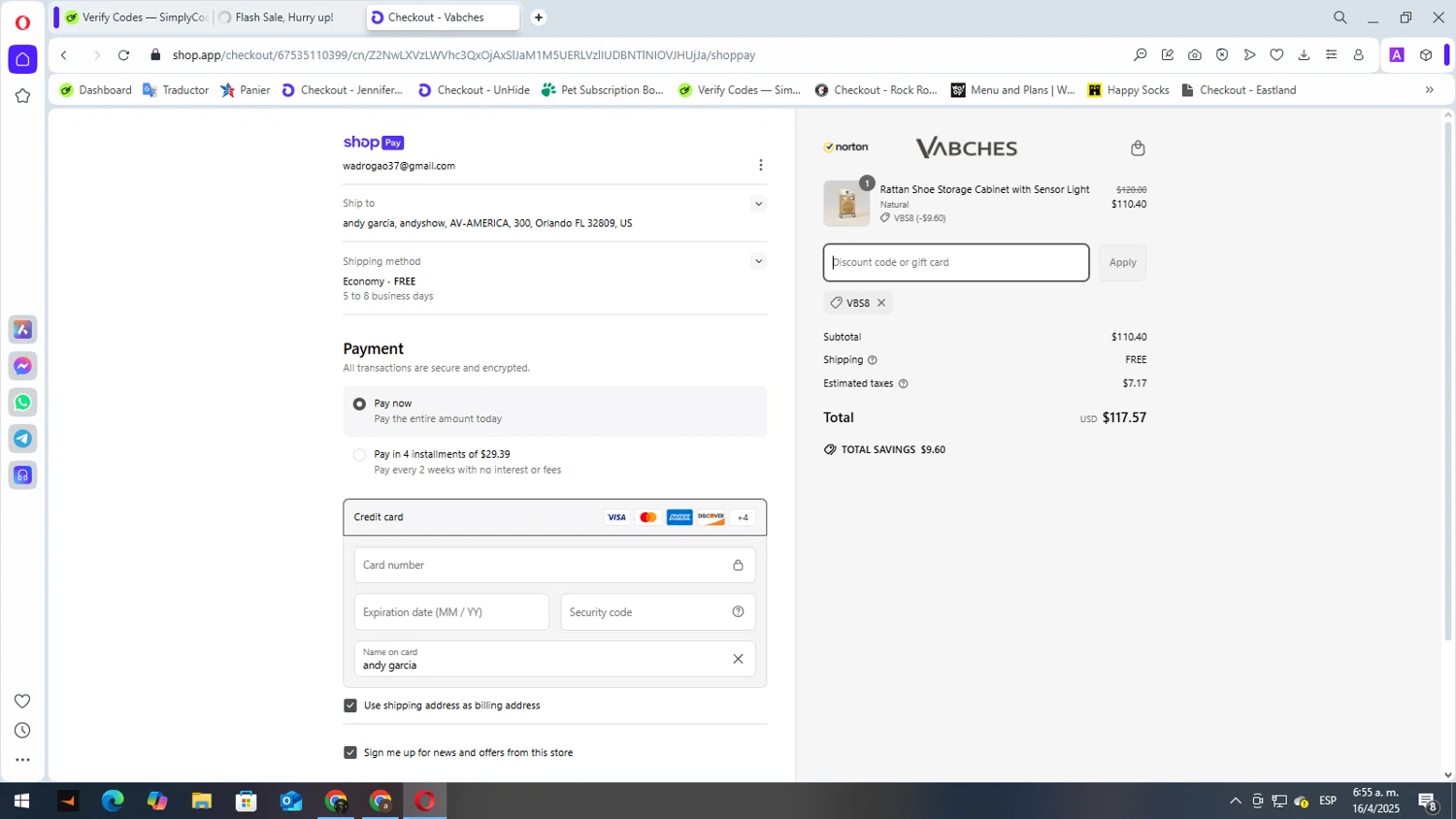 Vabches discount code screenshot showing code Vbs8 applied at Vabches checkout page. Uploaded by SimplyCodes community member elbicho22 on Apr 16, 2025
