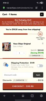 Vaca Chips coupon verification screenshot