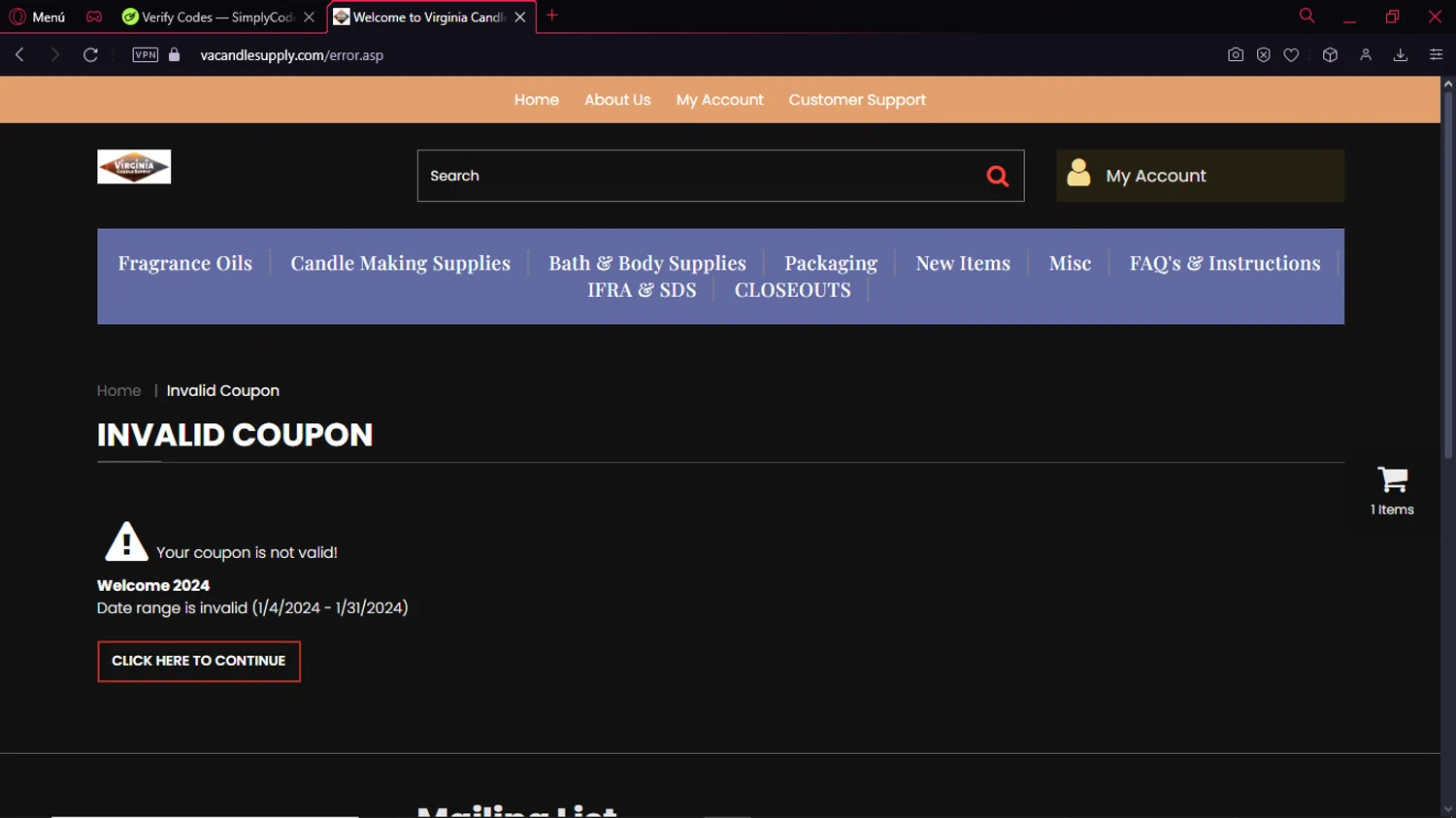 Virginia Candle Supply promo code screenshot showing code NewYear2024 applied at Virginia Candle Supply checkout page. Uploaded by SimplyCodes community member Formama on Jan 16, 2025