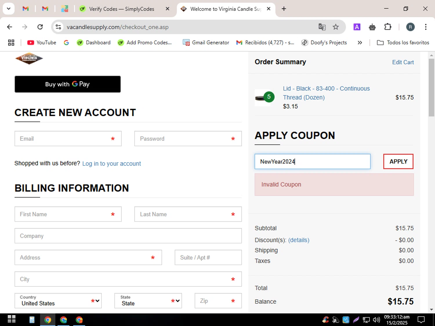 Virginia Candle Supply promo code screenshot showing code NewYear2024 applied at Virginia Candle Supply checkout page. Uploaded by SimplyCodes community member PennyWizard7963 on Feb 15, 2025