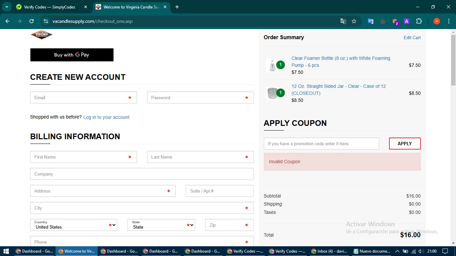 Virginia Candle Supply promo code screenshot showing code 25OFF applied at Virginia Candle Supply checkout page. Uploaded by SimplyCodes community member CoinMaven895 on Mar 1, 2025