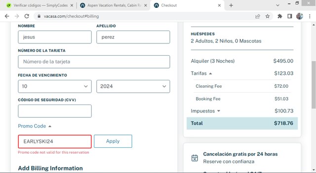Vacasa checkout page showing Vacasa promo code box | Screenshot taken by SimplyCodes community member on Oct 31, 2024