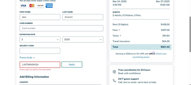 Vacasa checkout page showing Vacasa promo code box | Screenshot taken by SimplyCodes community member on Mar 22, 2025