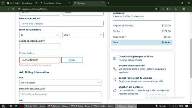 Vacasa checkout page showing Vacasa promo code box | Screenshot taken by SimplyCodes community member on Dec 26, 2024