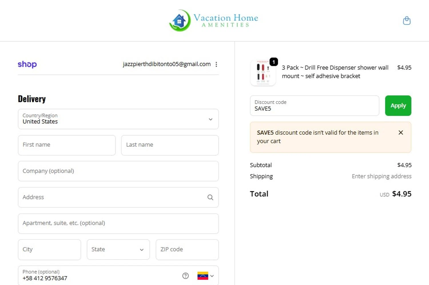 Vacation Home Amenities promo code screenshot showing code SAVE5 applied at Vacation Home Amenities checkout page. Uploaded by SimplyCodes community member tumdre on Dec 14, 2025