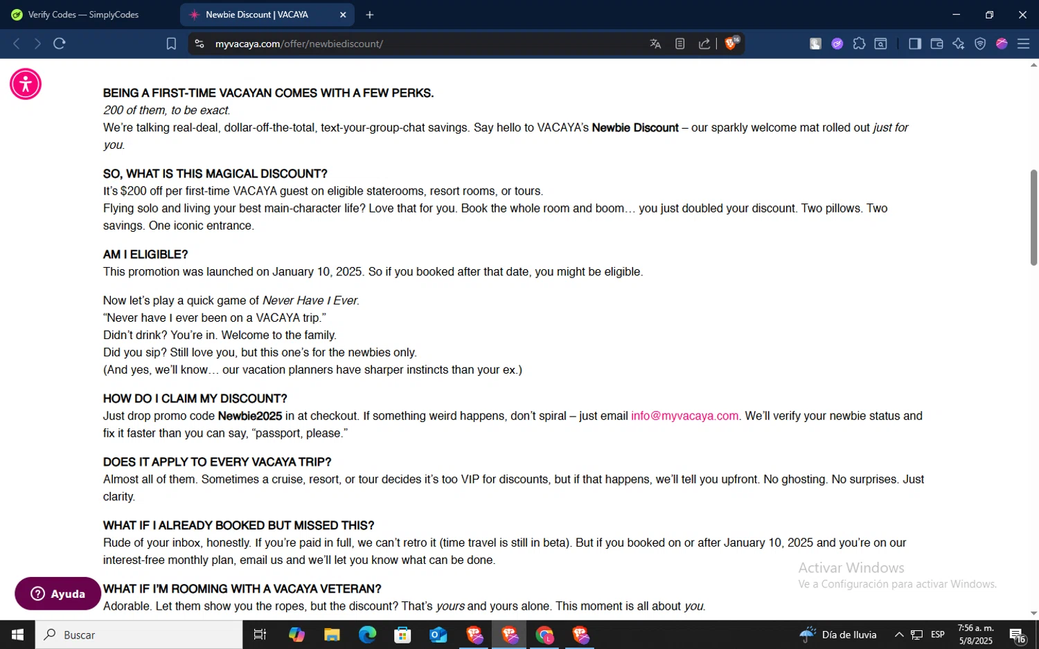 VACAYA checkout page showing VACAYA promo code box | Screenshot taken by SimplyCodes community member on Aug 5, 2025