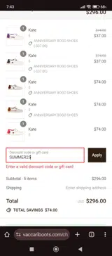 Vaccari Boots coupon verification screenshot