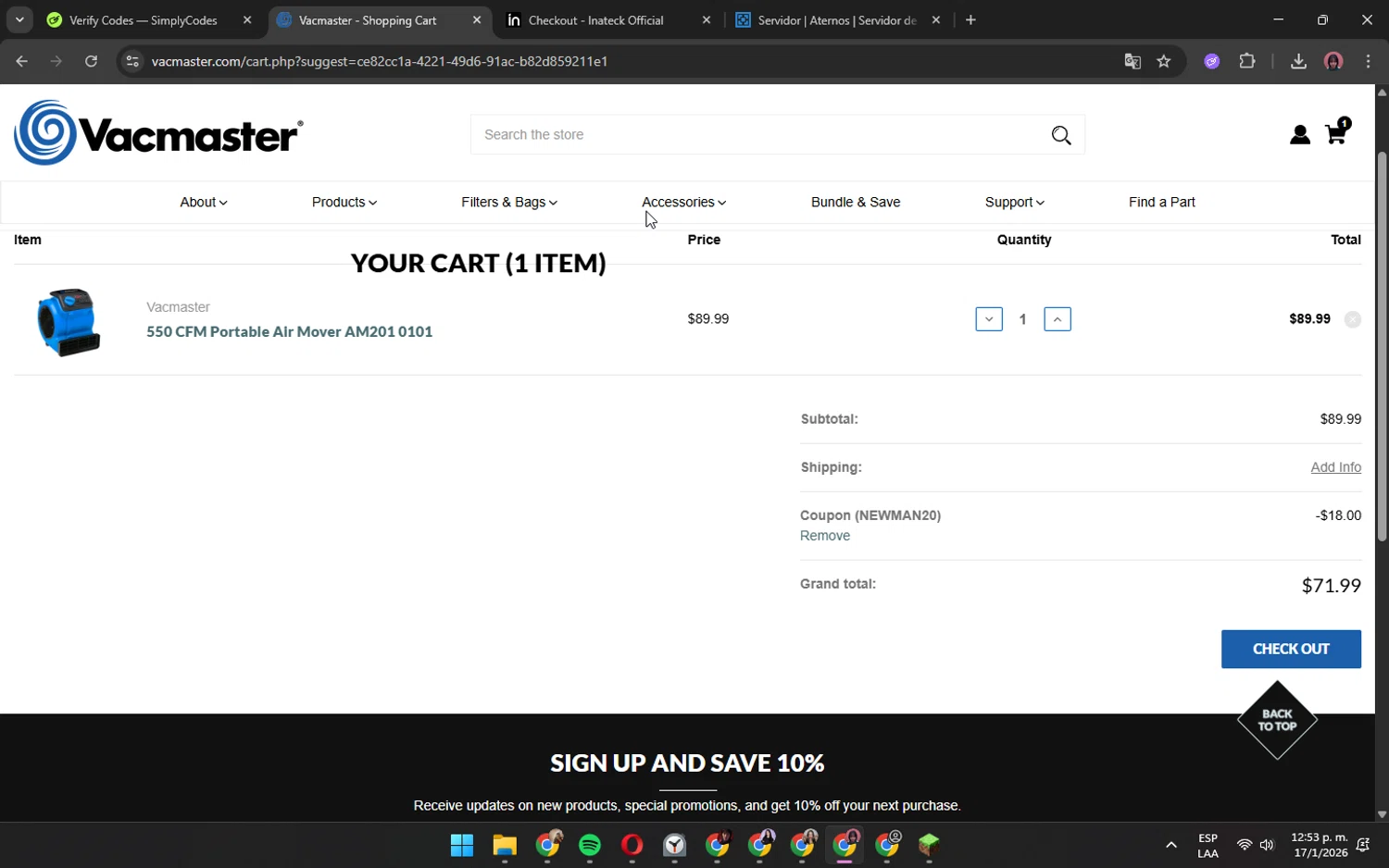 Vacmaster coupon code screenshot showing code NEWMAN20 applied at Vacmaster checkout page. Uploaded by SimplyCodes community member ShrewdPilot3521 on Jan 17, 2026