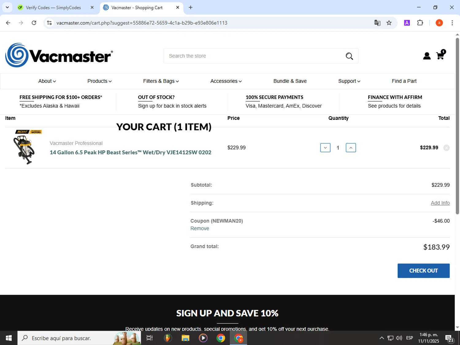 Vacmaster coupon code screenshot showing code NEWMAN20 applied at Vacmaster checkout page. Uploaded by SimplyCodes community member partenalgas on Nov 11, 2025