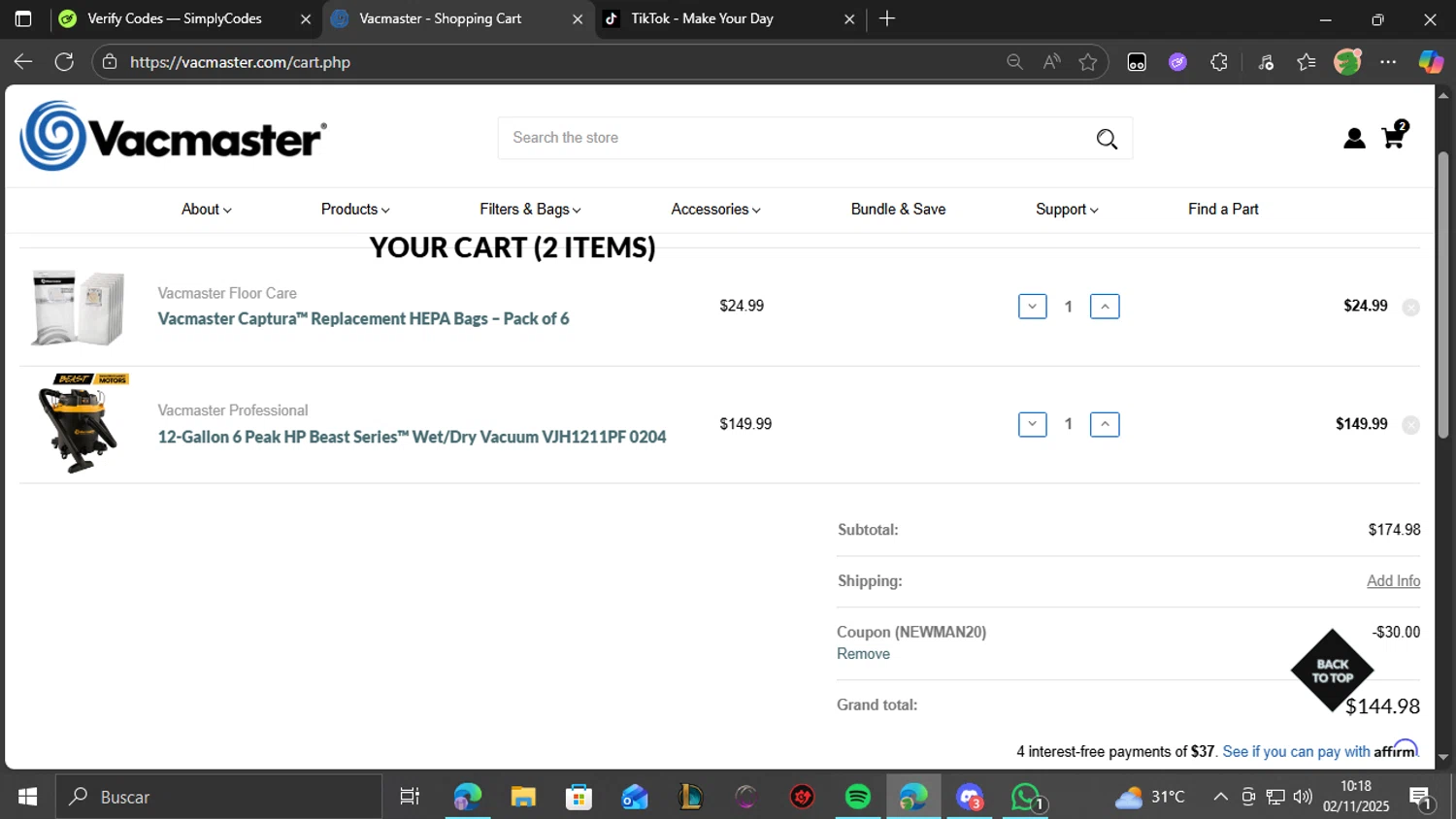 Vacmaster coupon code screenshot showing code NEWMAN20 applied at Vacmaster checkout page. Uploaded by SimplyCodes community member pedrolol on Nov 2, 2025