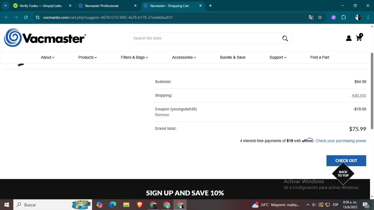 Vacmaster coupon code screenshot showing code youngutah20 applied at Vacmaster checkout page. Uploaded by SimplyCodes community member CleverSage9163 on Jun 13, 2025