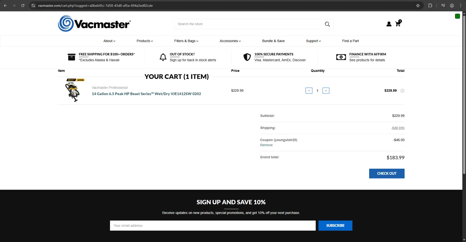 Vacmaster coupon code screenshot showing code youngutah20 applied at Vacmaster checkout page. Uploaded by SimplyCodes community member yessy37 on Oct 8, 2025
