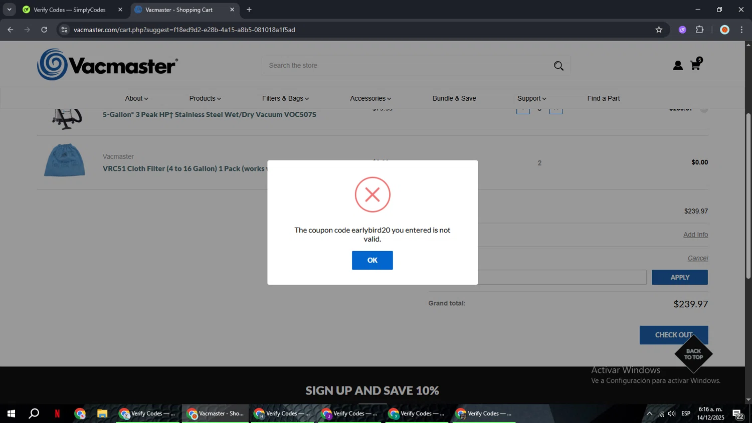 Vacmaster coupon code screenshot showing code EARLYBIRD20 applied at Vacmaster checkout page. Uploaded by SimplyCodes community member BonusCaptain9927 on Dec 14, 2025